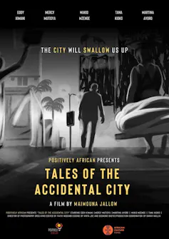 A movie poster with a black and white illustration of a man from behind, moving down a street