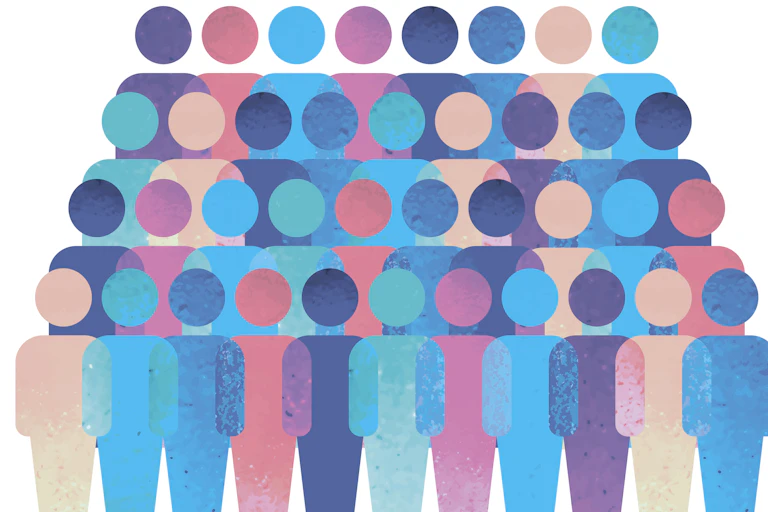 Illustration of simplified silhouettes of people in shades of pink, purple and blue