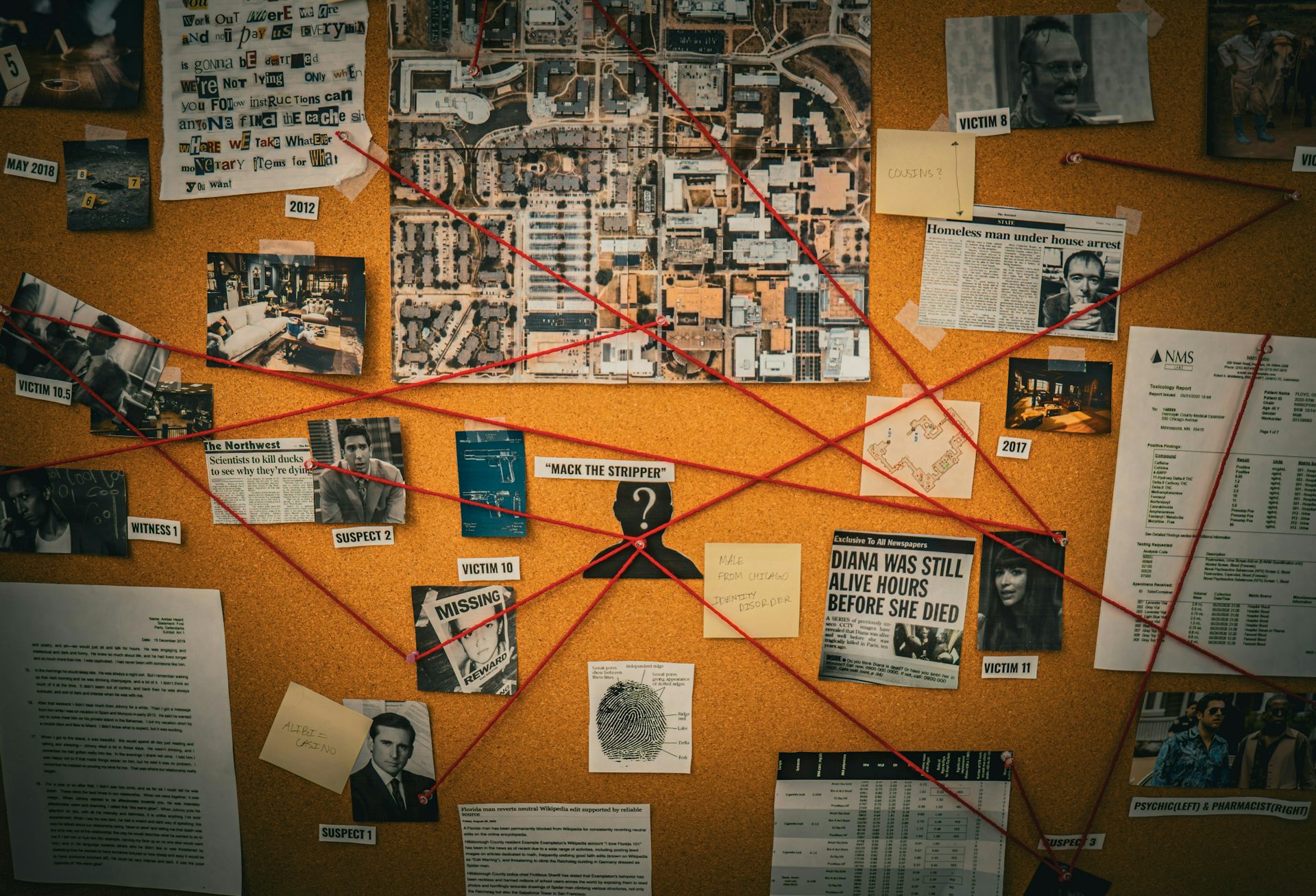 A board with pictures and documents pinned on it and red thread that connects them to each other.