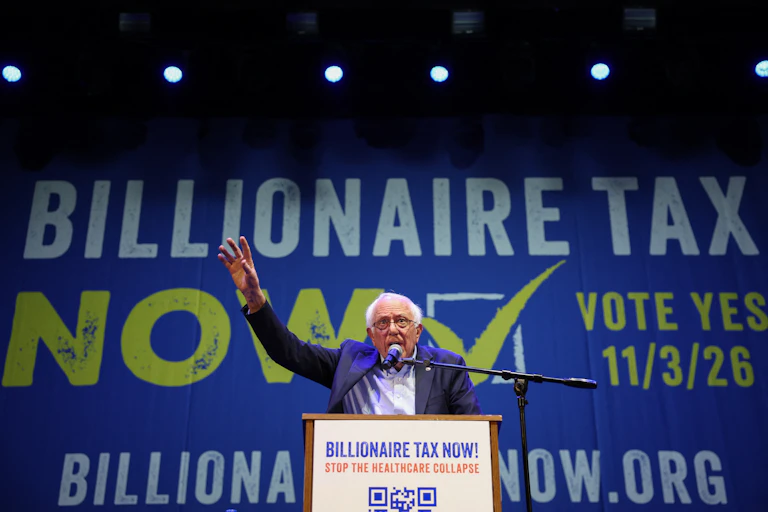 US independent senator Bernie Sanders at the launch of the campaign for the California Billionaire Tax Act