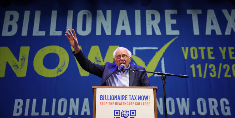 US independent senator Bernie Sanders at the launch of the campaign for the California Billionaire Tax Act