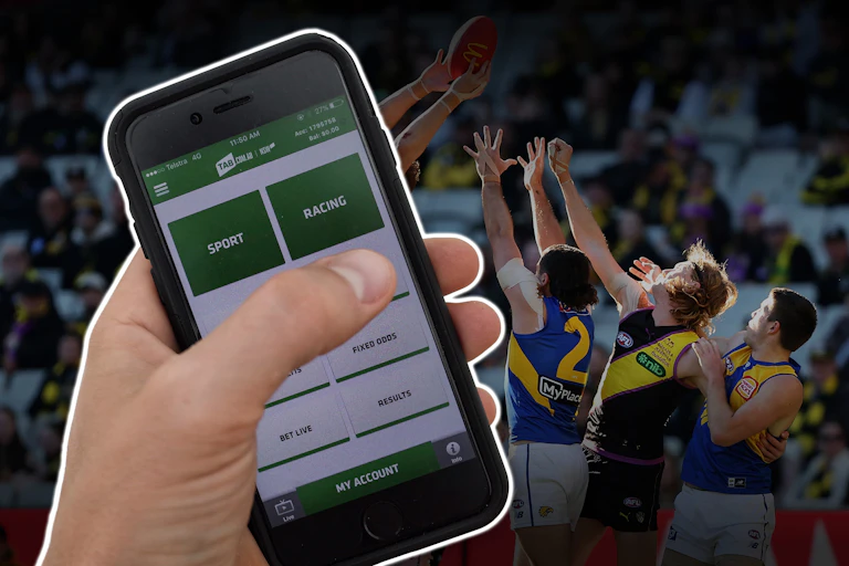 A composite image shows someone using a TAB account on their phone, with a background featuring AFL players.