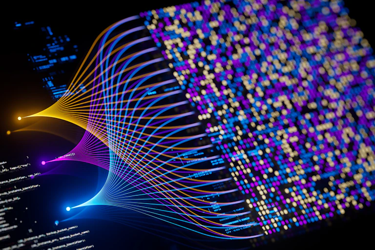 An illustration of multiple overlapping channels, pointing to a grid of coloured squares