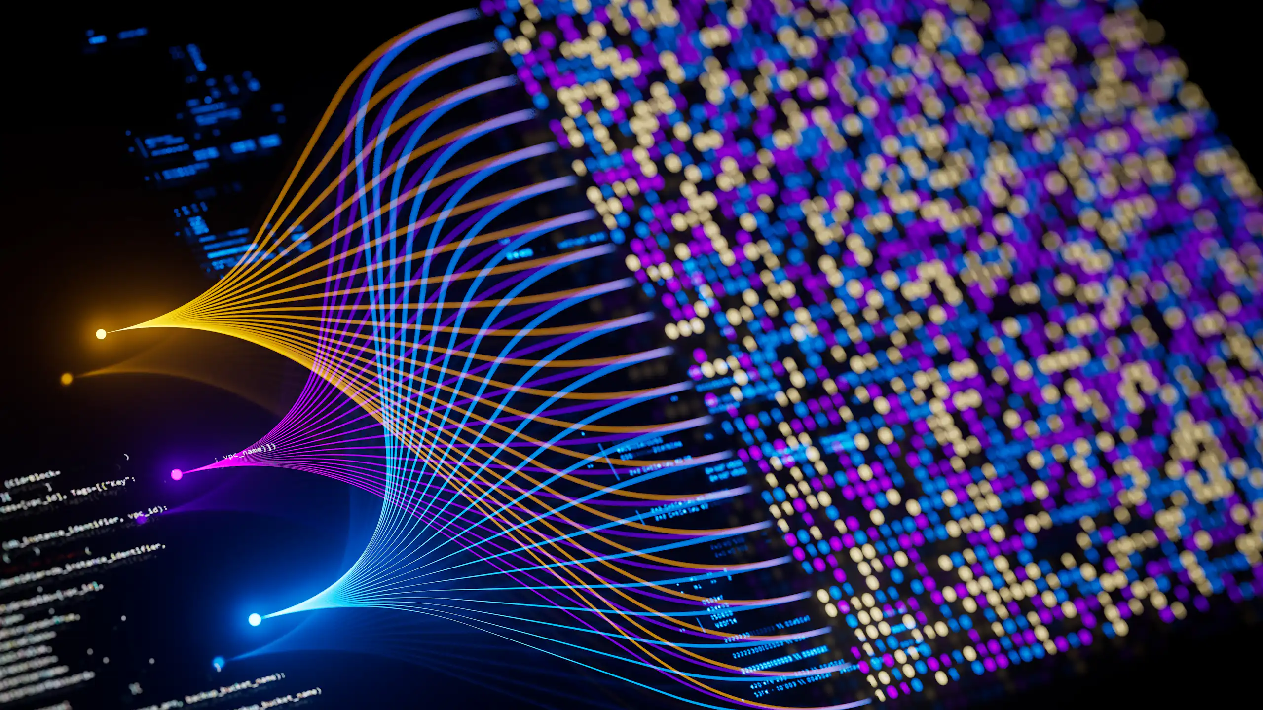 An illustration of multiple overlapping channels, pointing to a grid of coloured squares