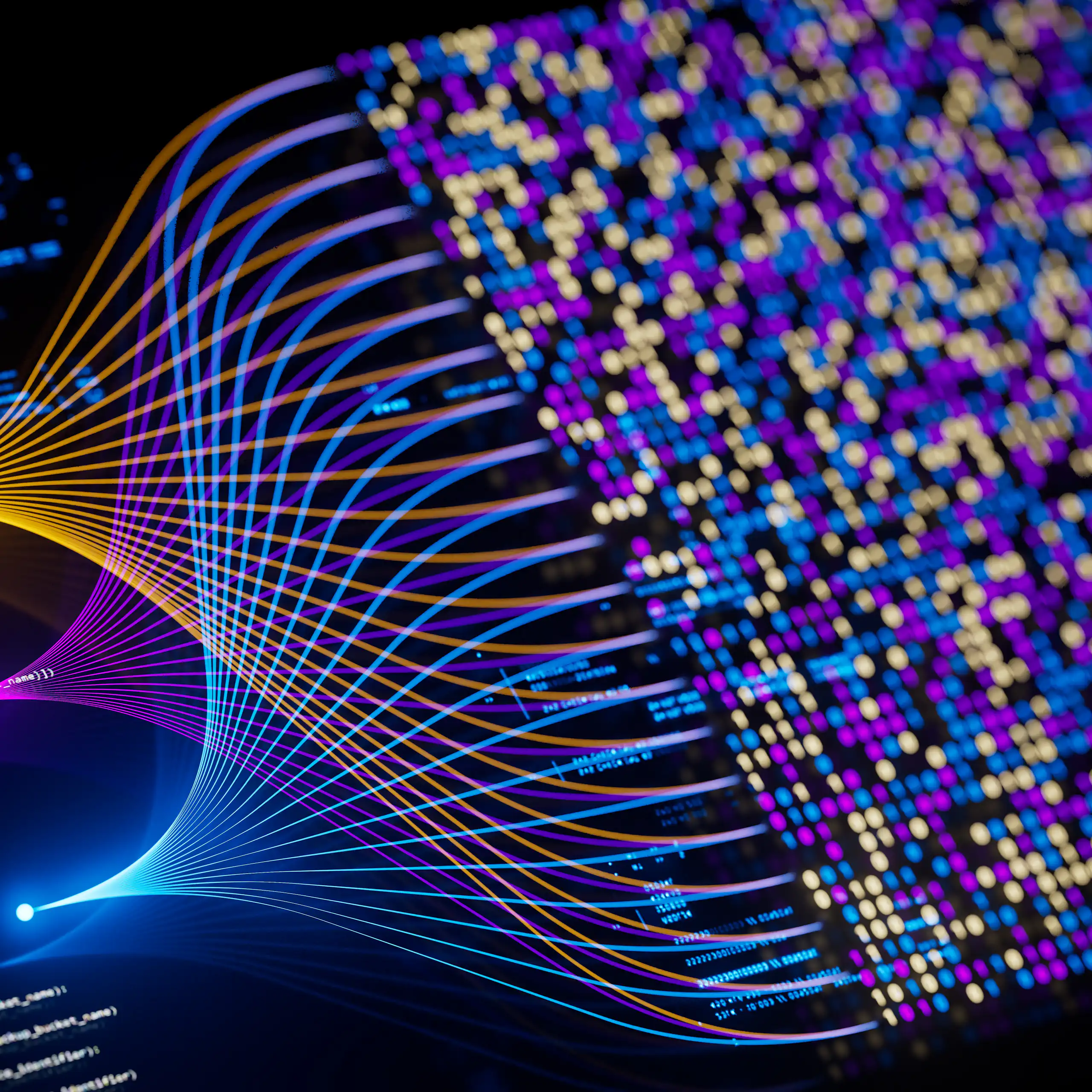 An illustration of multiple overlapping channels, pointing to a grid of coloured squares