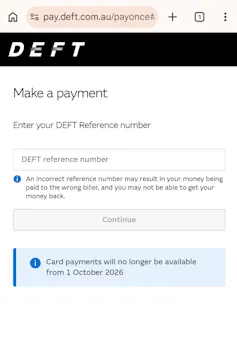 A screenshot of the DEFT Payment Systems payments page