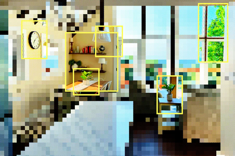 Image of a room that's heavily pixellated but a few yellow data label boxes draw focus to pot plants and wall clock.
