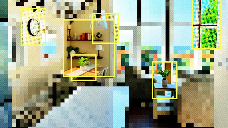 Image of a room that's heavily pixellated but a few yellow data label boxes draw focus to pot plants and wall clock.