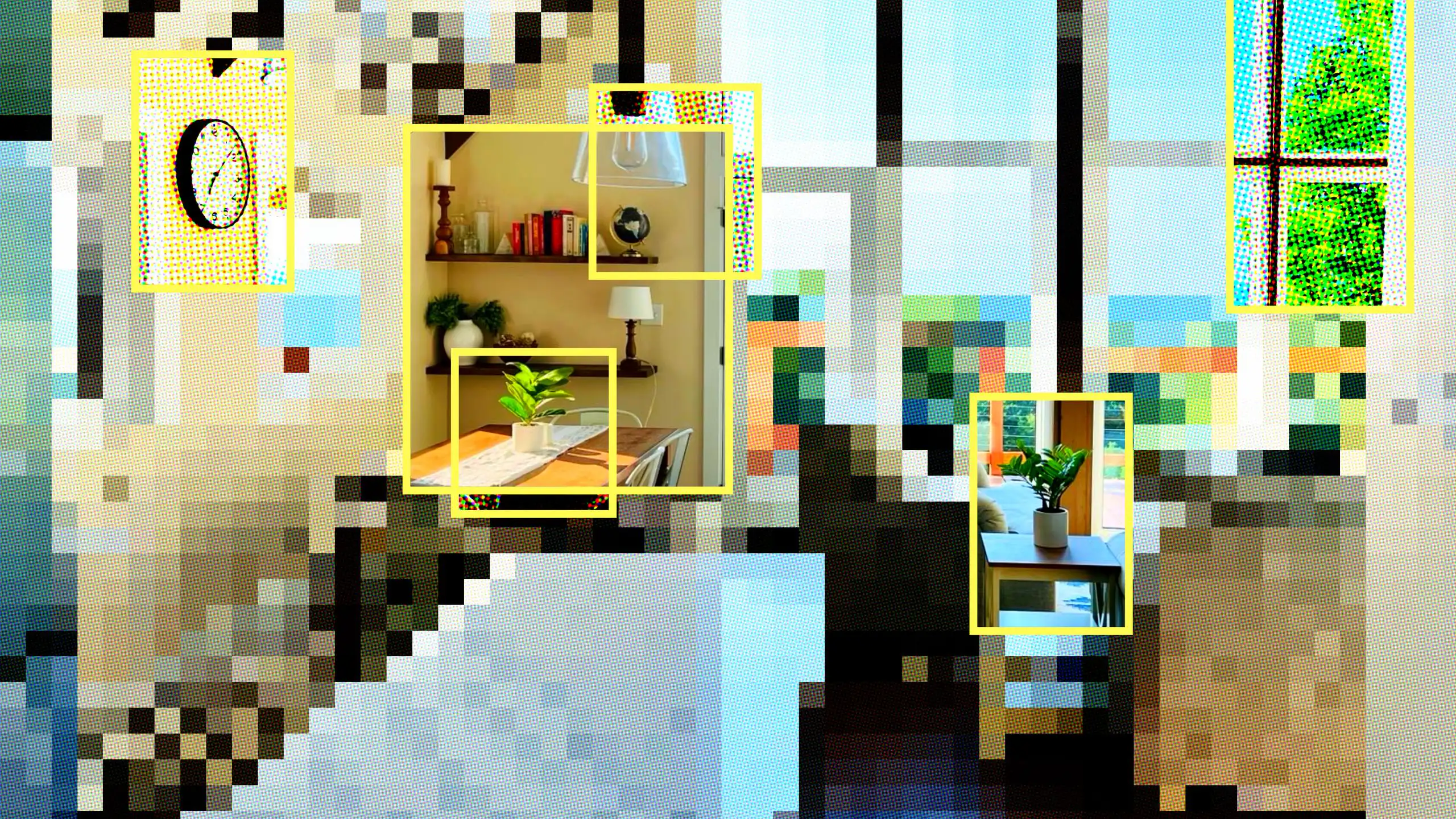 Image of a room that's heavily pixellated but a few yellow data label boxes draw focus to pot plants and wall clock.