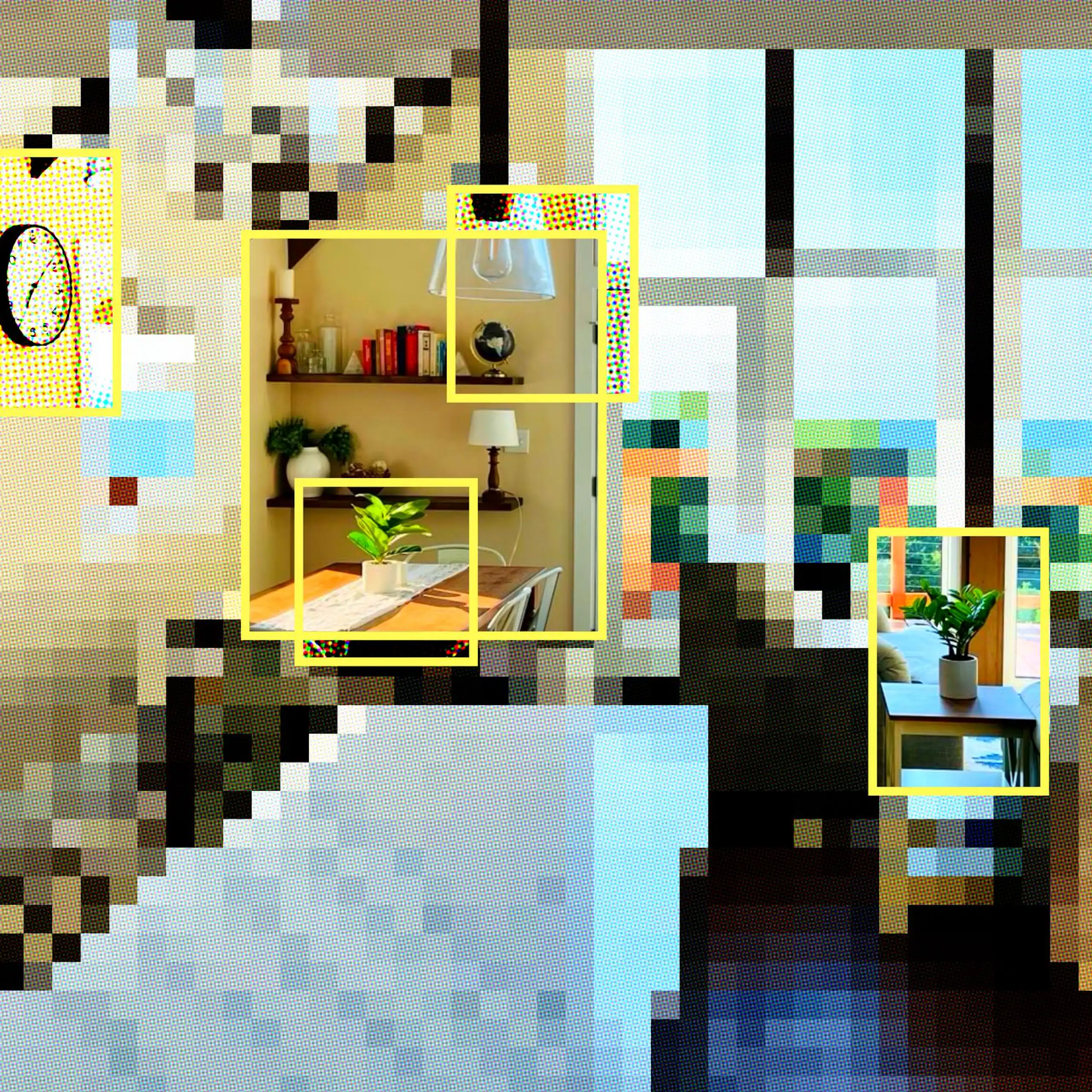 Image of a room that's heavily pixellated but a few yellow data label boxes draw focus to pot plants and wall clock.