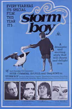 Storm By film poster, showing the boy and pelican, against a blue background.