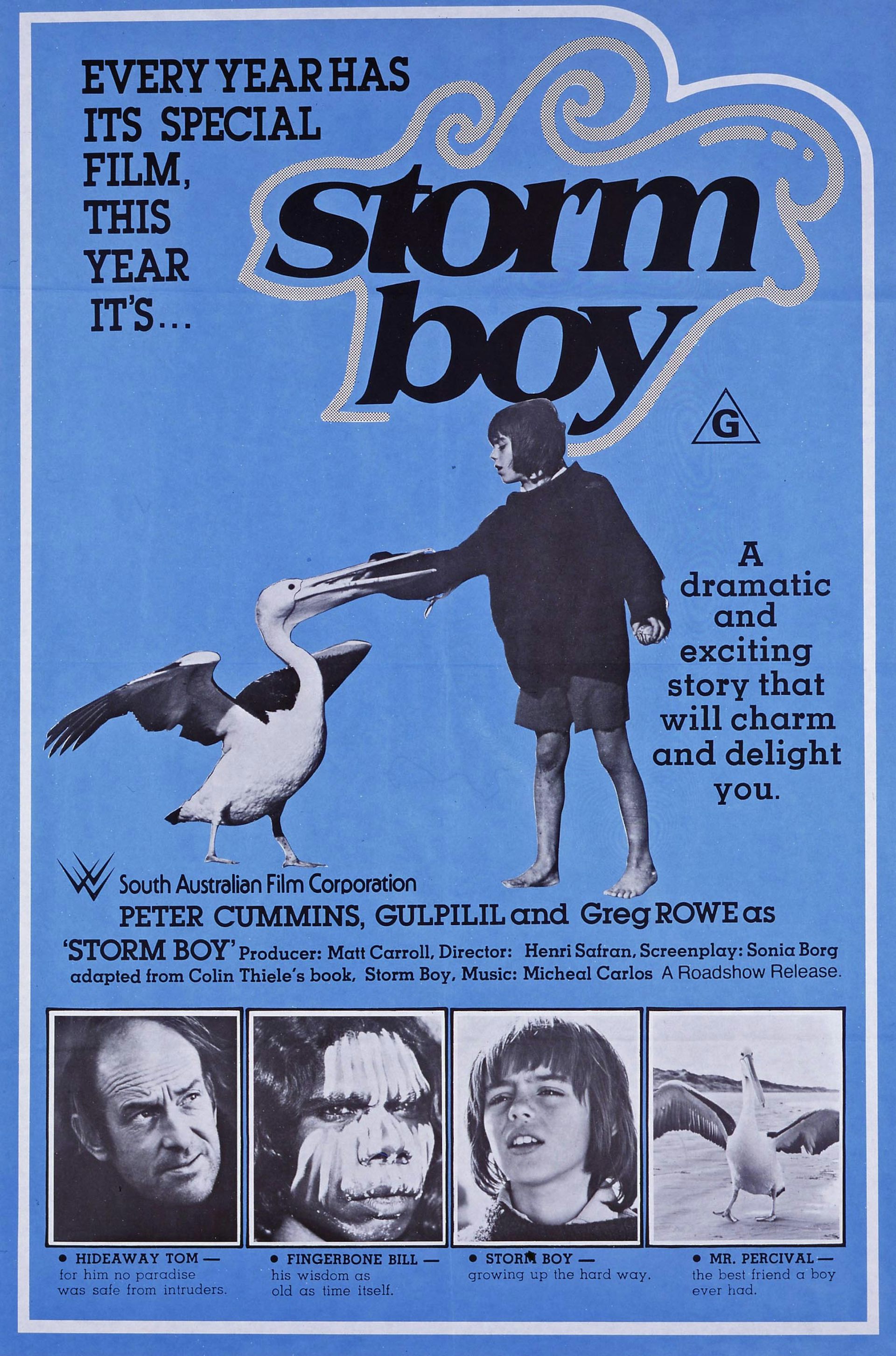 Storm By film poster, showing the boy and pelican, against a blue background.