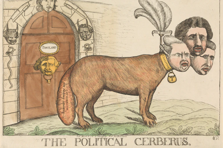A line drawing showing a dog with three human heads.