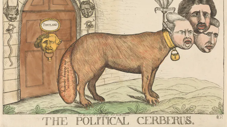 A line drawing showing a dog with three human heads.