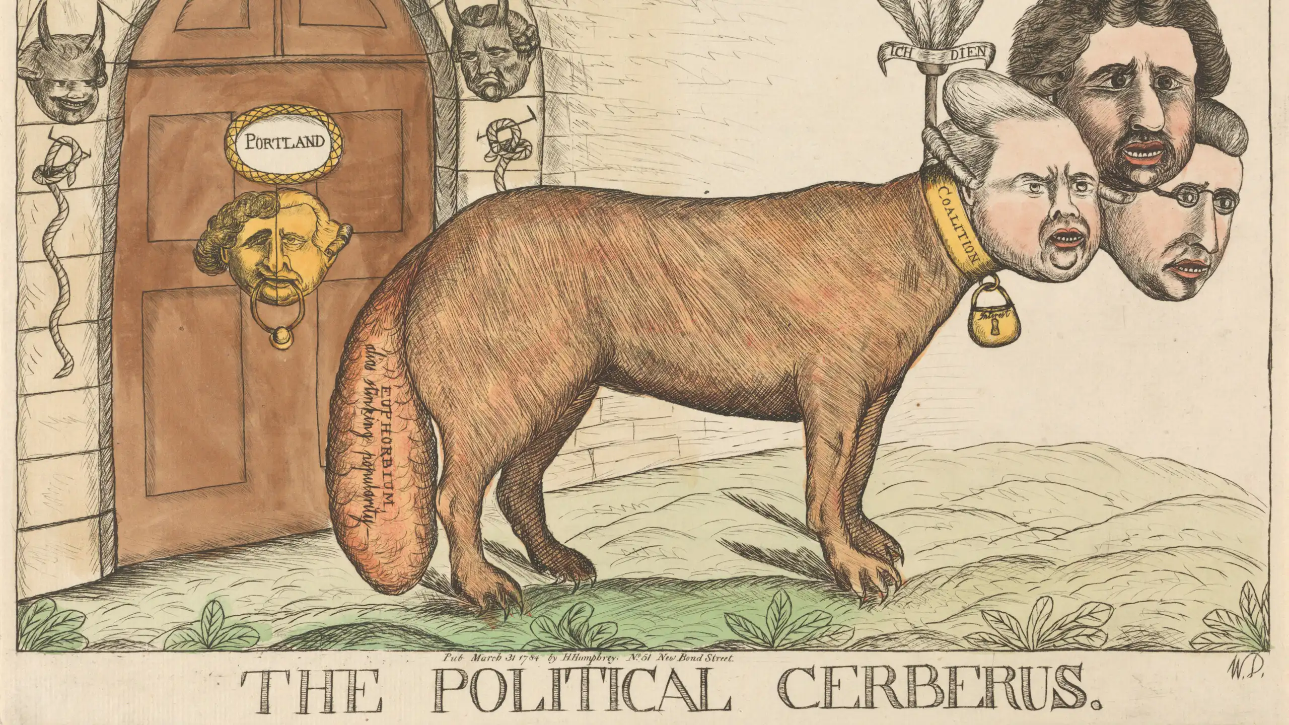 A line drawing showing a dog with three human heads.