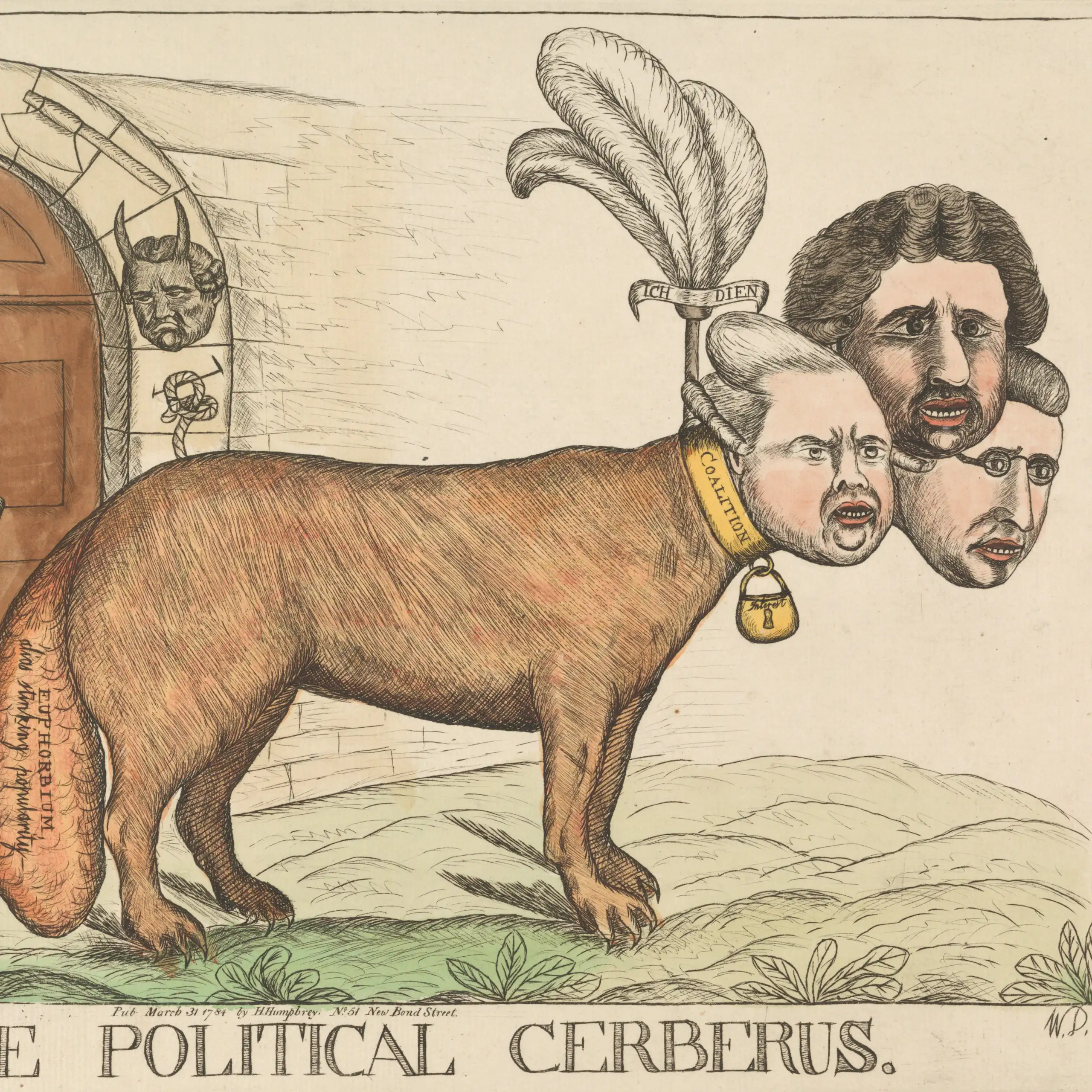 A line drawing showing a dog with three human heads.