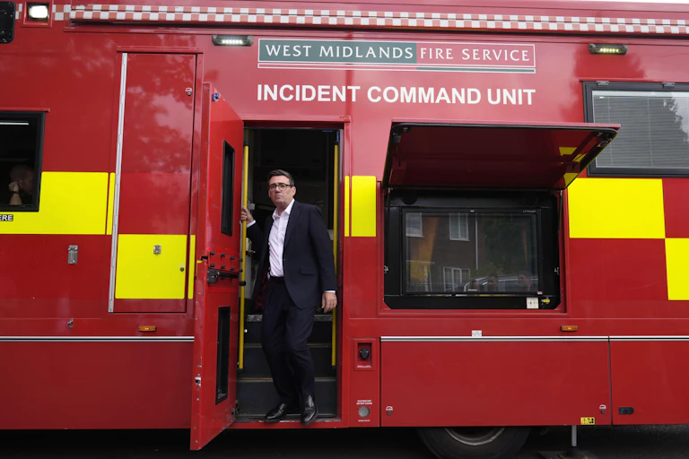 Andy Burnham at the West Midlands Fire Service incident command unit during a visit to Stourbridge