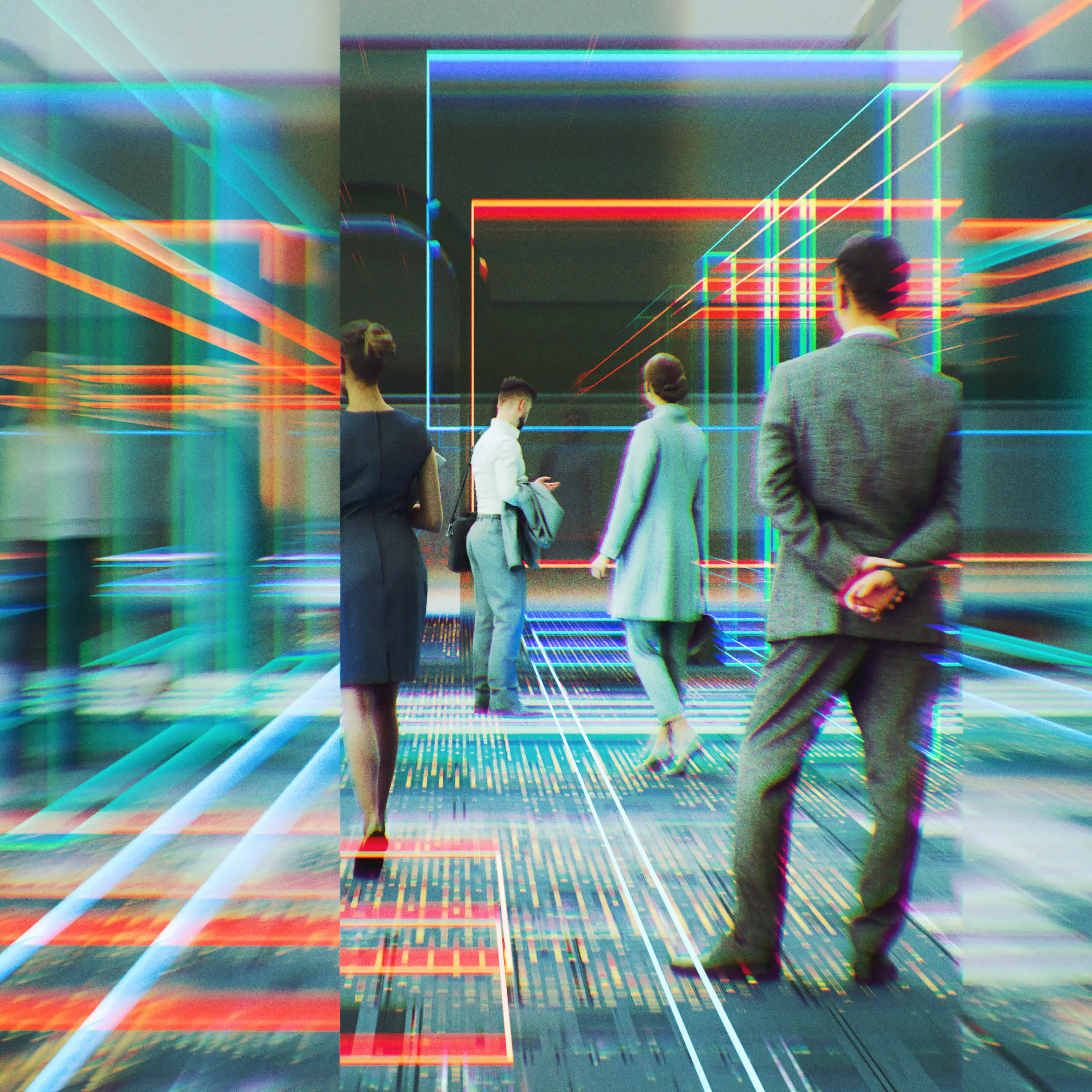 An abstract image showing businesspeople in a futuristic virtual reality environment.