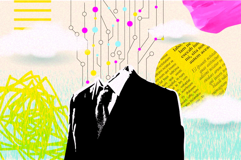 Illustration of an artificial intelligence business concept in retro collage style with business man in suit.