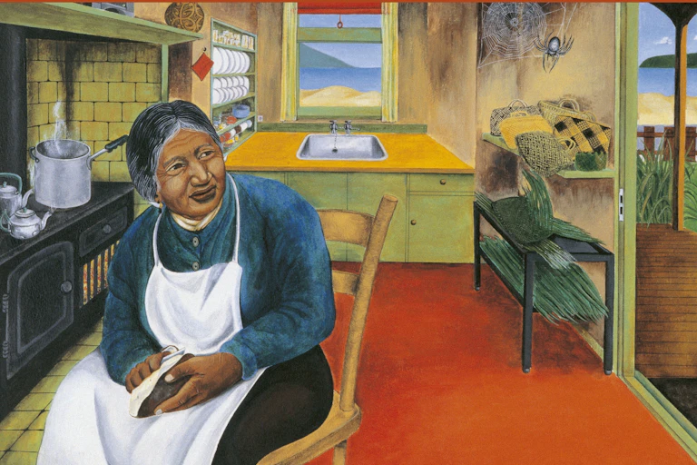 Detail from the cover of Te Kuia me te Pūngāwerewere, written by Patricia Grace and illustrated by Robyn Kahukiwa.