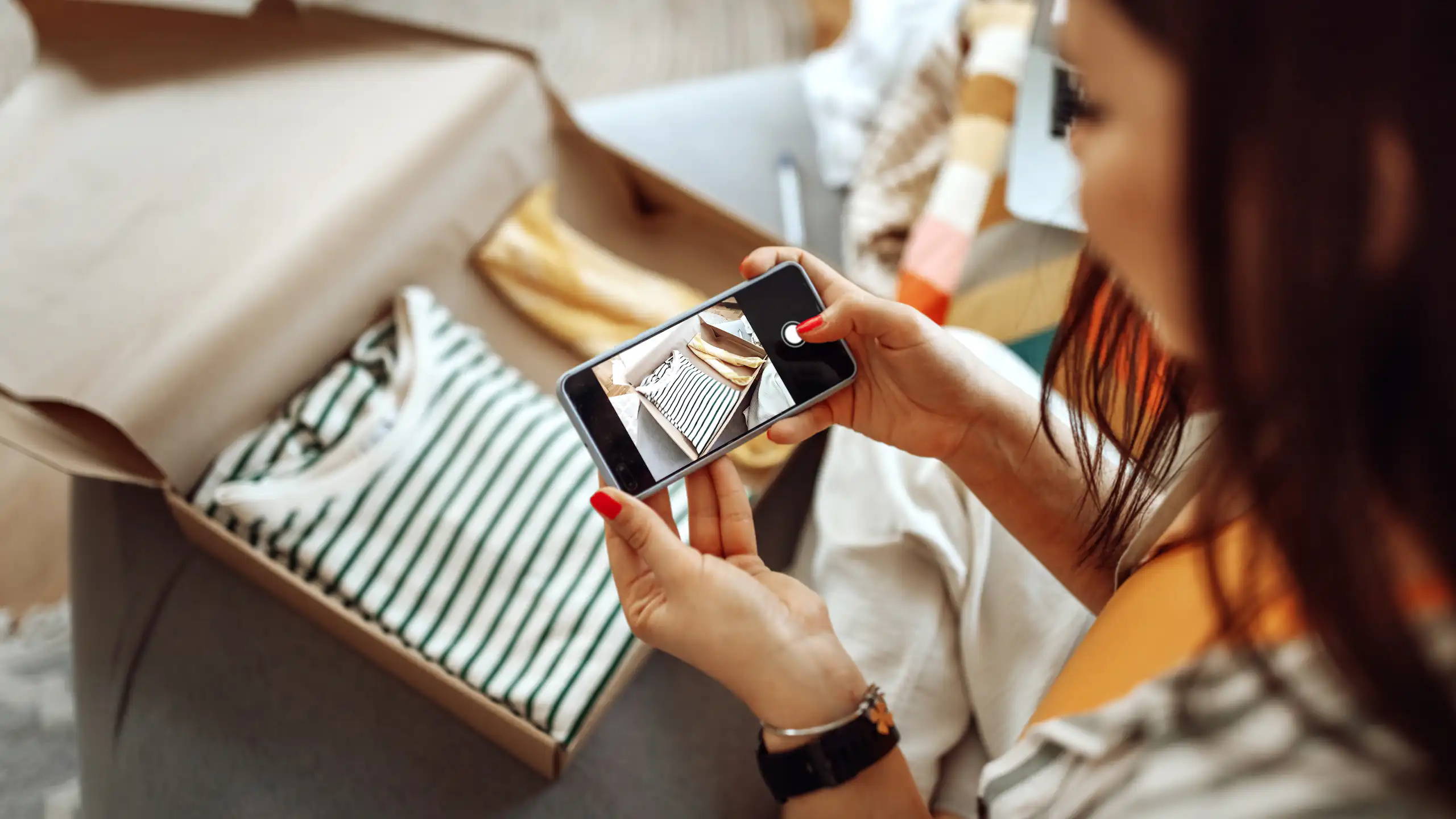 A woman taking a photo of a top boxed up for delivery
