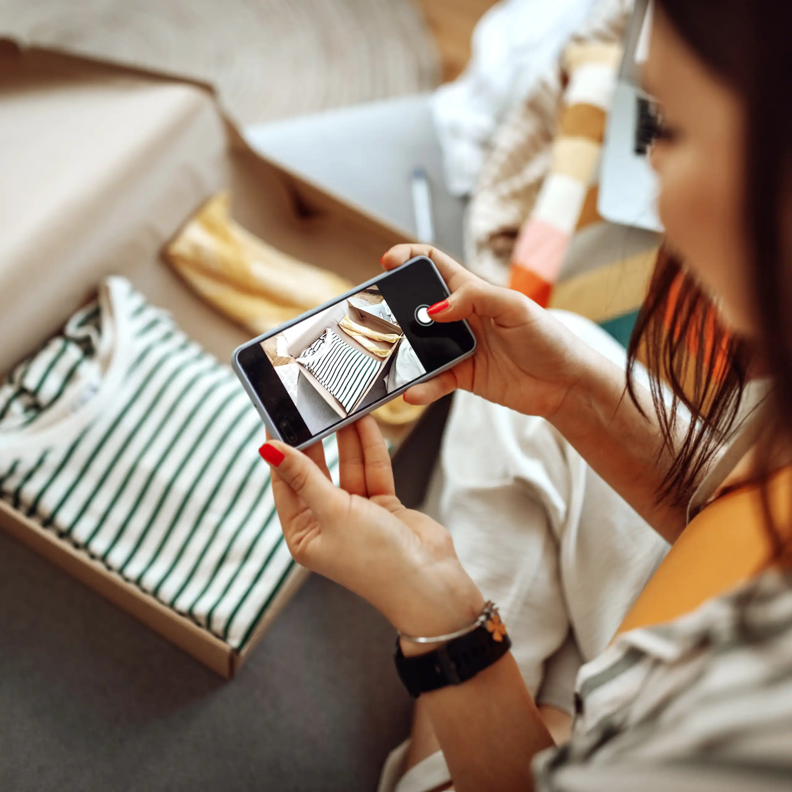 A woman taking a photo of a top boxed up for delivery