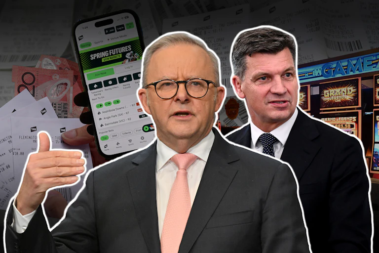 A composite image shows Prime Minister Anthony Albanese and Opposition Leader Angus Taylor, with gambling-related imagery in the background.