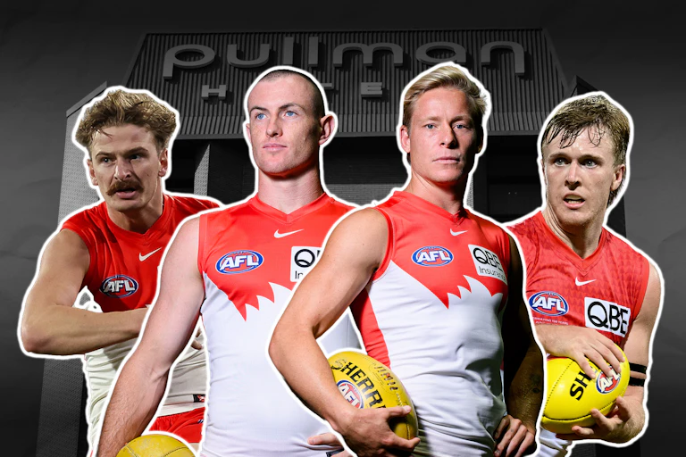 A composite image shows Sydney Swans players Riley Bice, Chad Warner, Isaac Heeney and James Jordon with Melbourne's Pullman Hotel in the background.