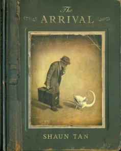 book cover: The Arrival - a man in a suit holding a suitcase, talking to a creature