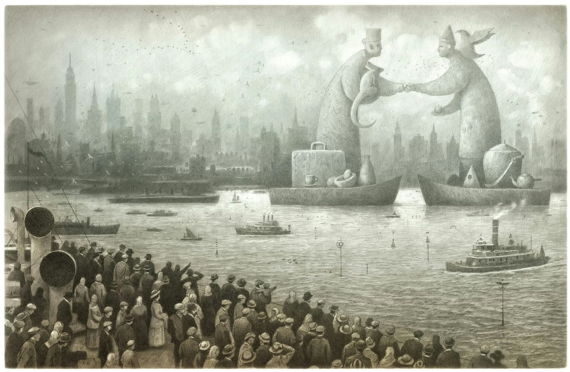 A pencil drawing of a crowd of people and a river and statues.