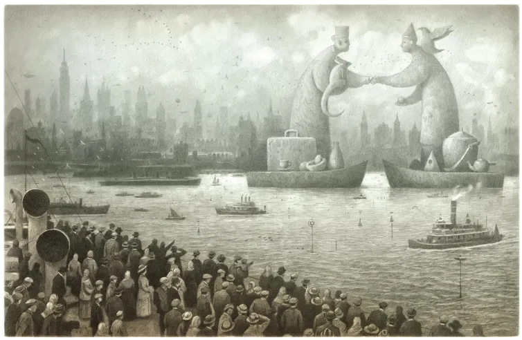 A pencil drawing of a crowd of people and a river and statues.