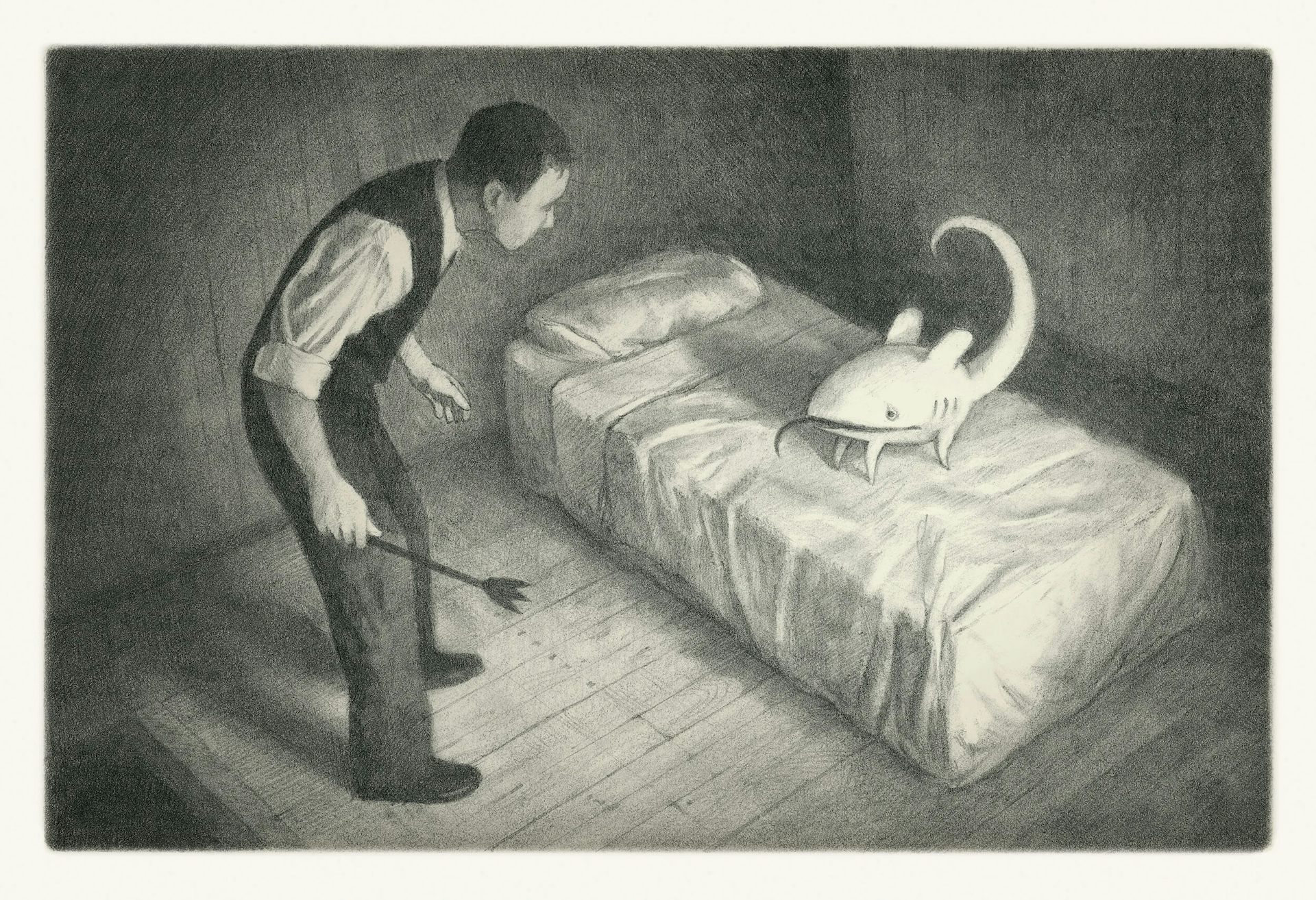 A man standing over a strange creature on a bare bed, a stick in his hand. He looks worried.