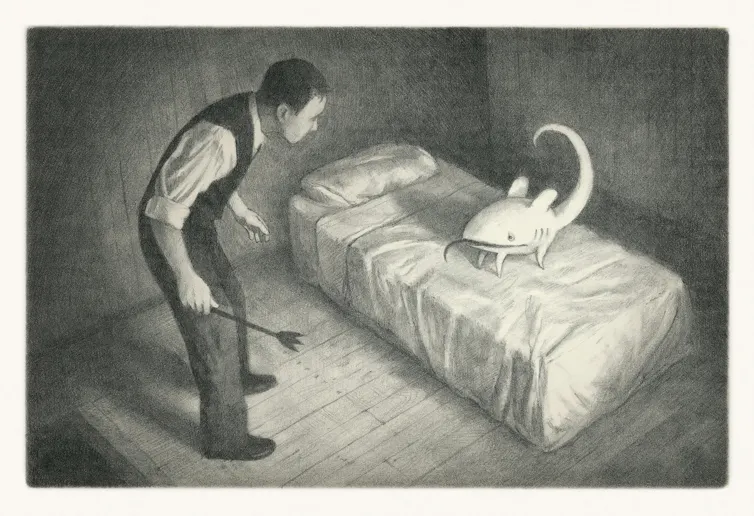 A man standing over a strange creature on a bare bed, a stick in his hand. He looks worried.