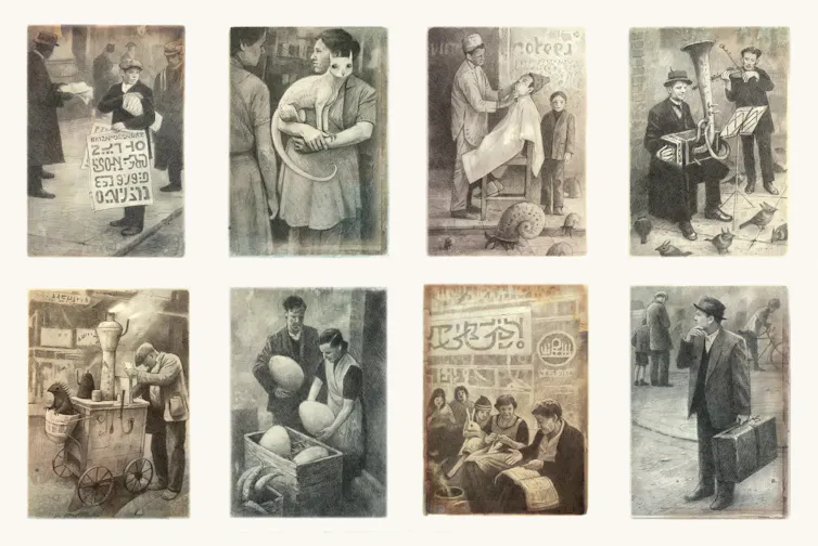 A panel of images of the migrant in different situations.