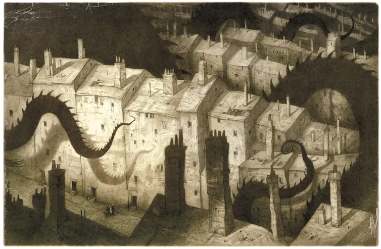 A dragon tail's shadow falling over buildings.