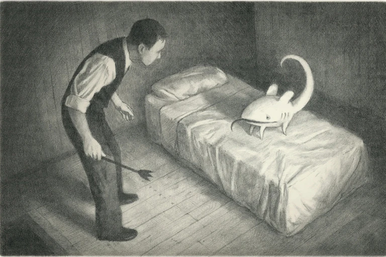 A suited man standing over a creature on a bare bed. Both look worried.