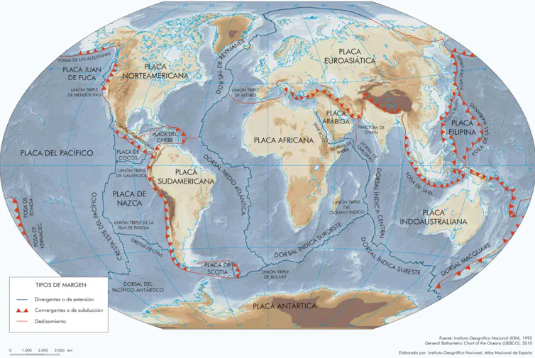 Un mapa de la Tierra con divisiones de las placas tectónicas