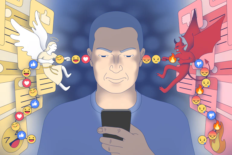 Illustration of man looking at phone with an angel pulling positive emojis from one side of his head and a devil pulling negative ones from the other
