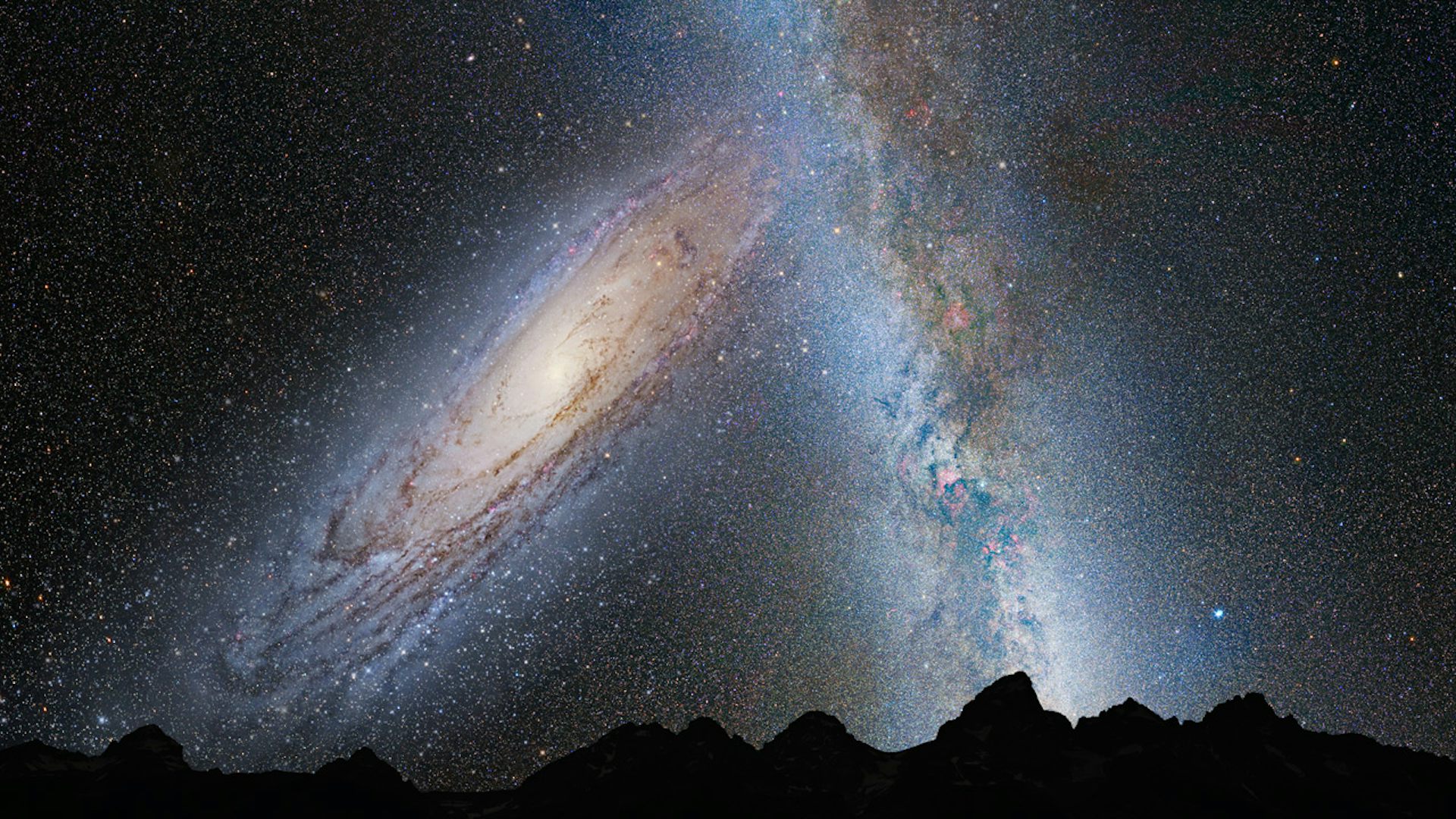 Duas galáxias no céu noturno, fundindo-se em uma só.