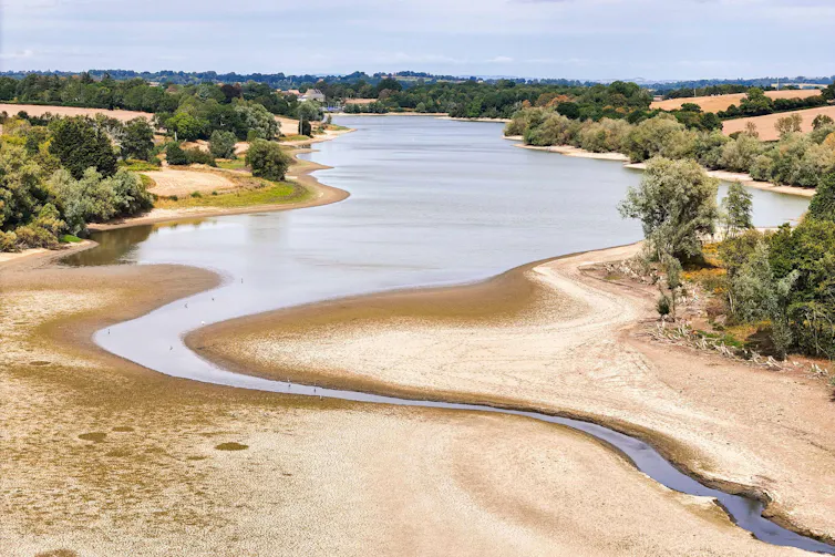 Aerial view of dried up reservoir