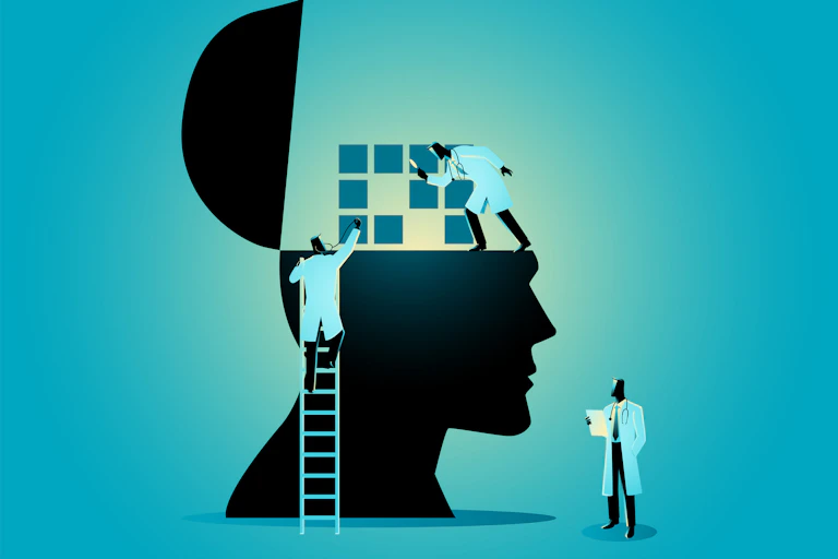 Illustration of three miniature people in lab coats examining the open head of a person's silhouette side-profile: a grid of blue squares floating where their brain should be