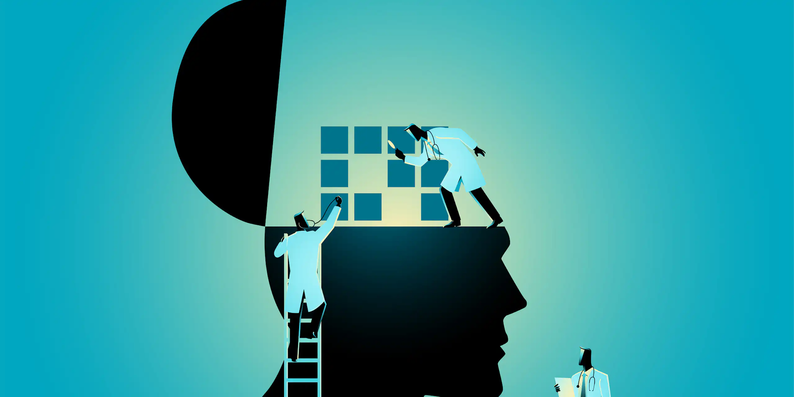 Illustration of three miniature people in lab coats examining the open head of a person's silhouette side-profile: a grid of blue squares floating where their brain should be