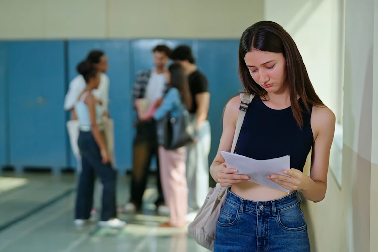 Girl looking worried at exam results