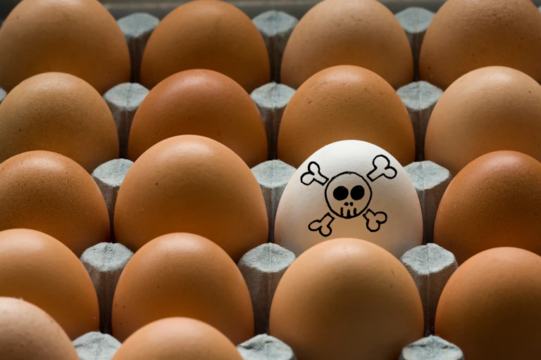box of brown hen eggs one white egg with cross and bones toxic symbol drawn on in black ink