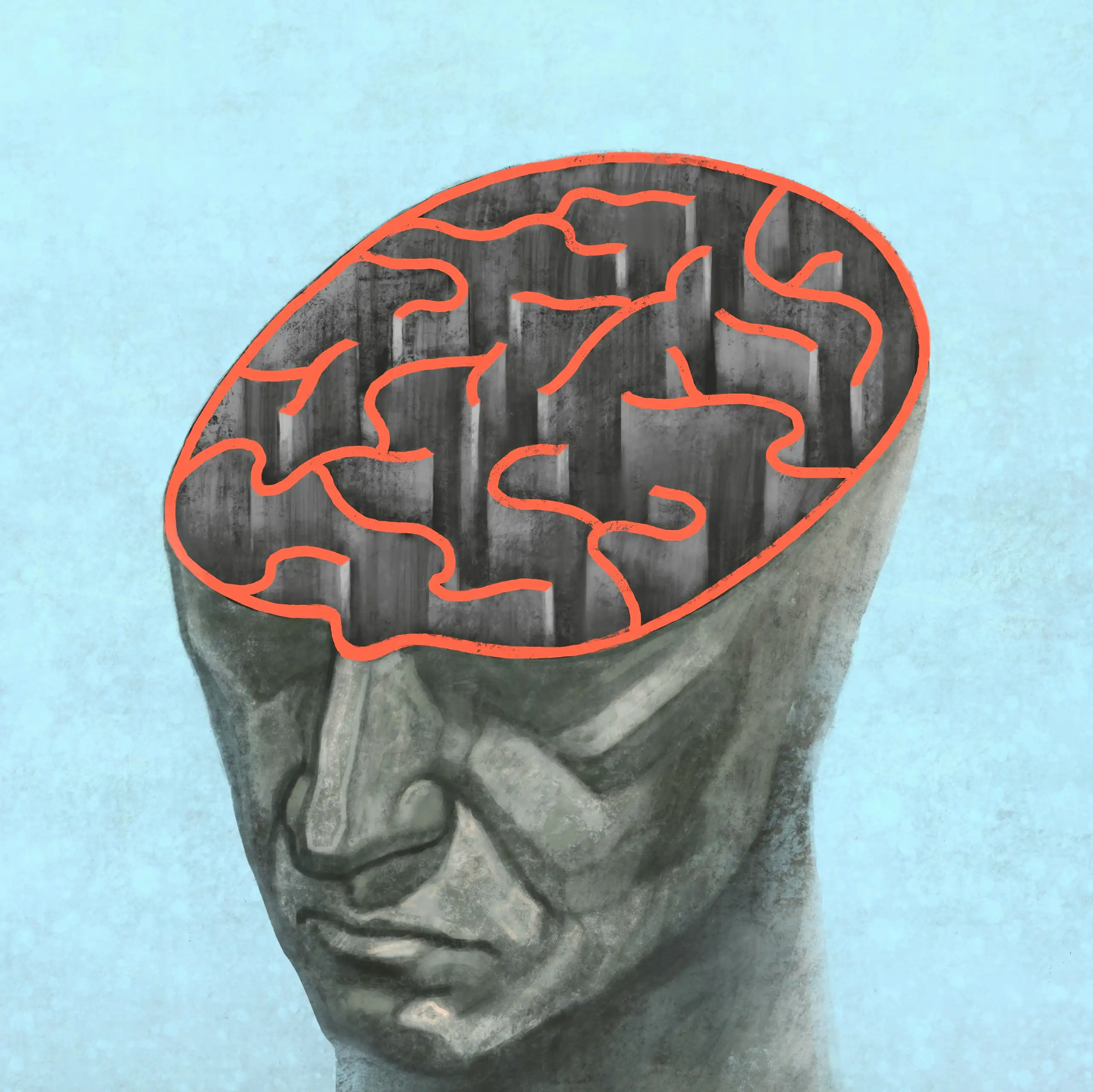 Drawing of a human head with a labyrinth-like brain