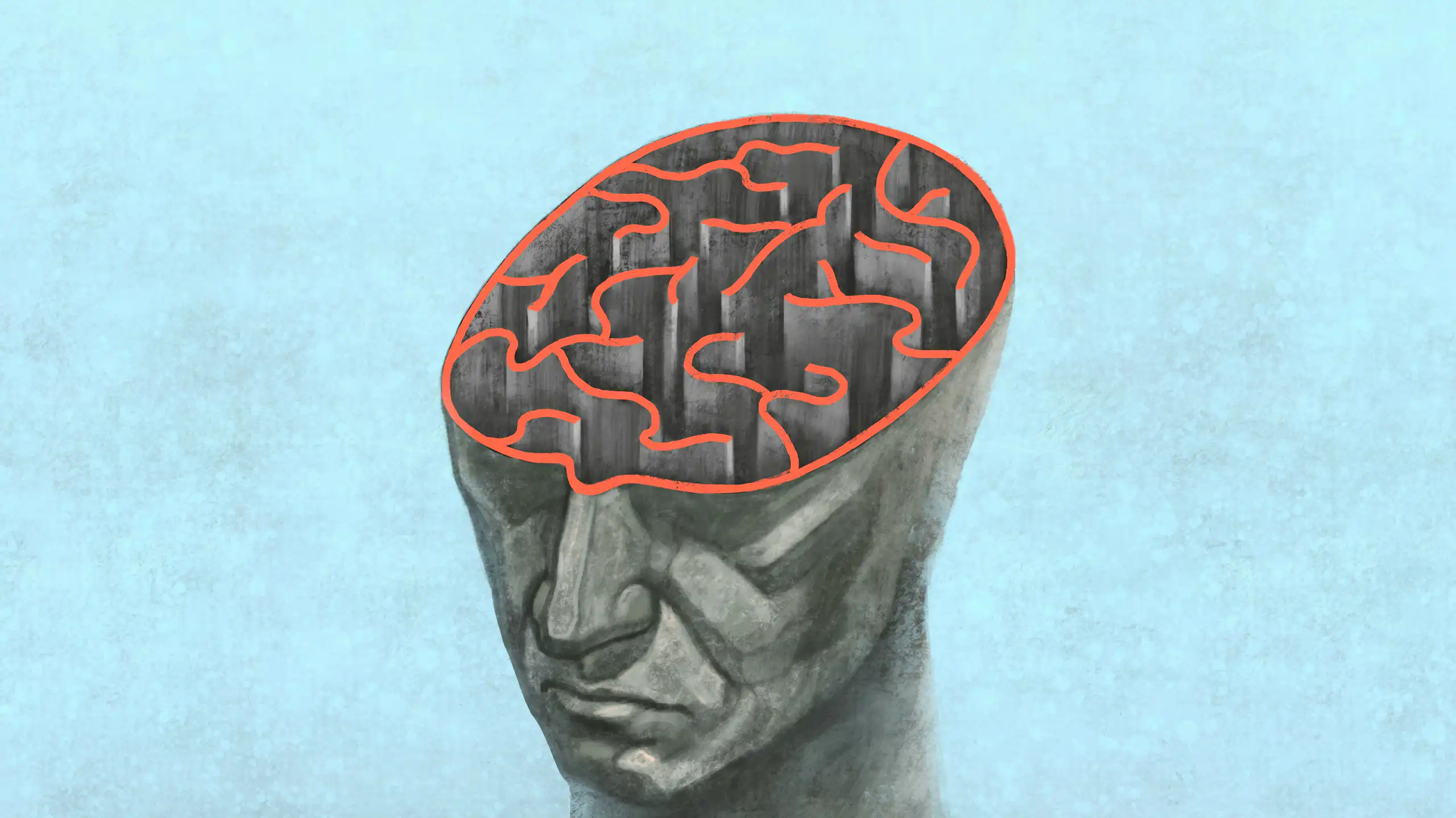Drawing of a human head with a labyrinth-like brain