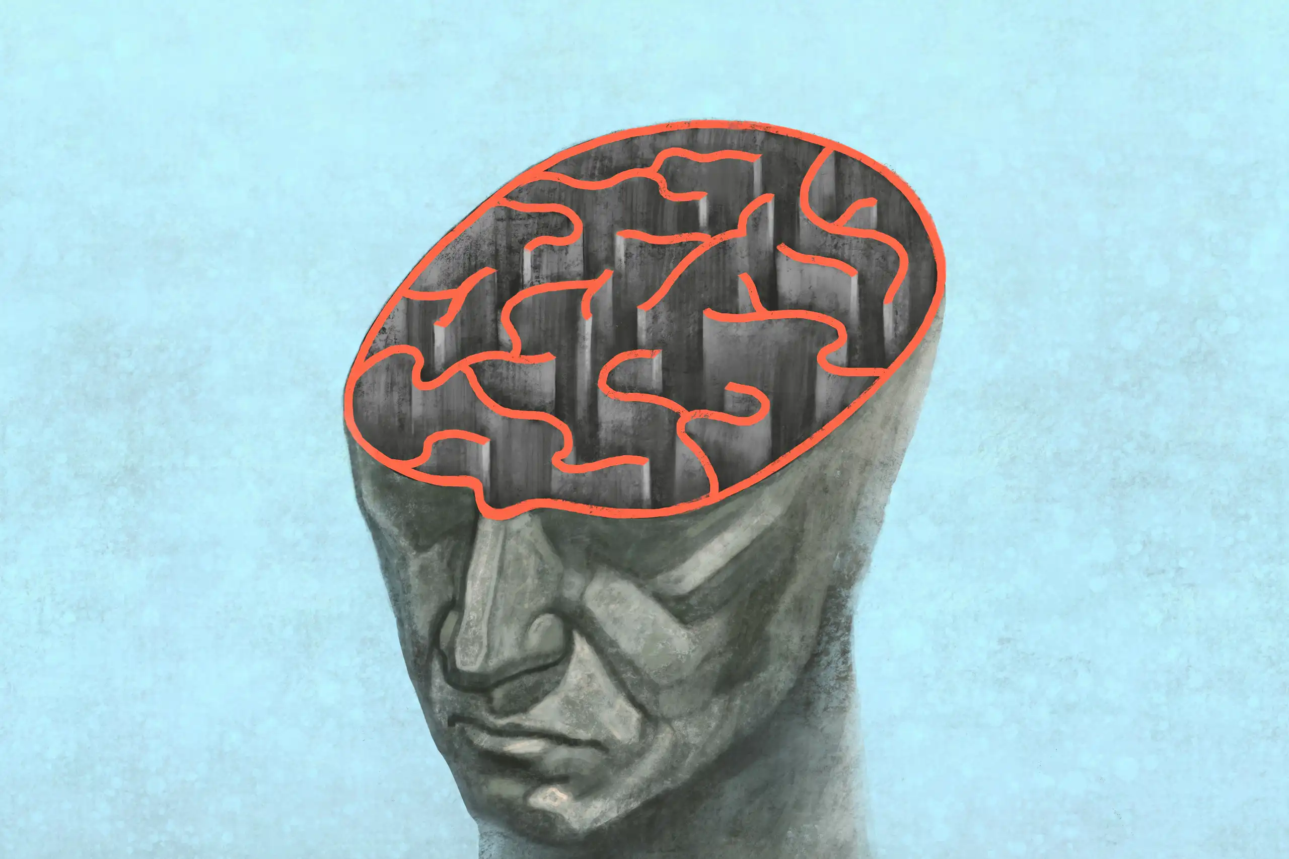 Drawing of a human head with a labyrinth-like brain