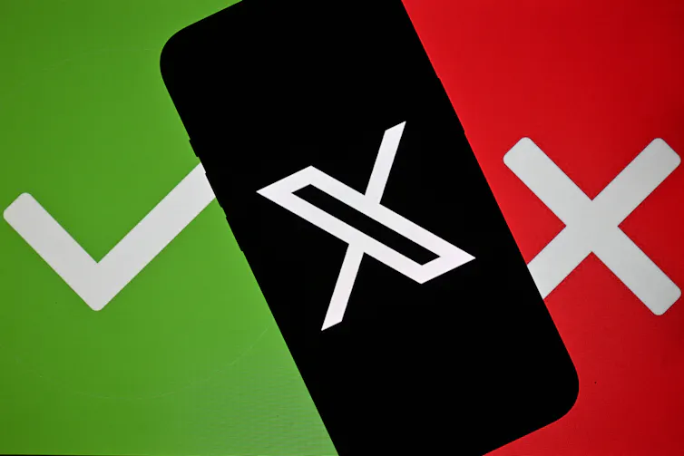 Social media platform symbol X displayed between a green check mark and a red letter X.