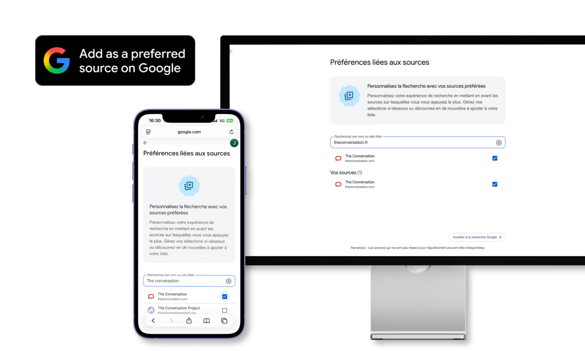Capture d'écran montrant comment ajouter The Conversation à vos sources préférées