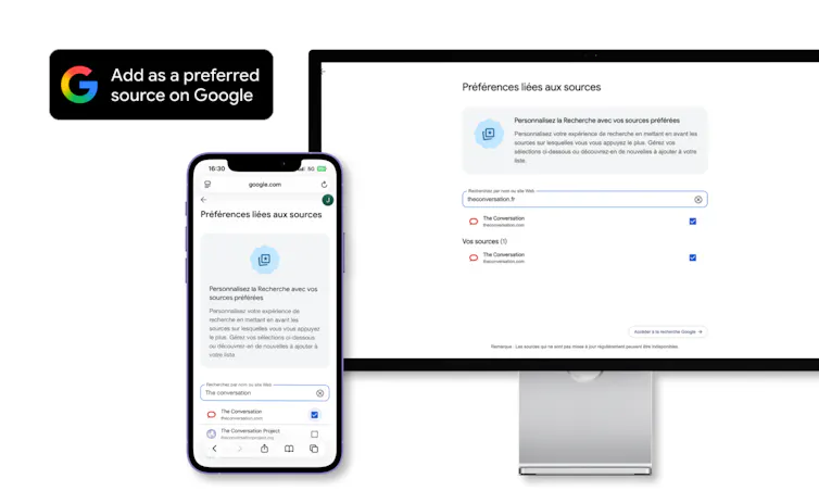 Capture d'écran montrant comment ajouter The Conversation à vos sources préférées